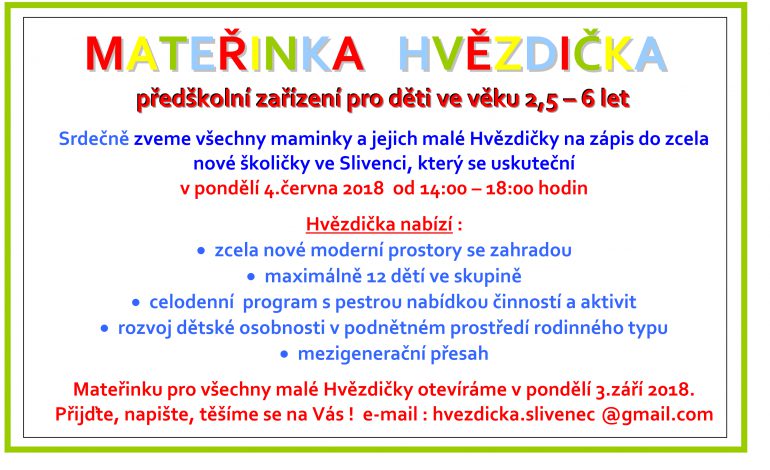 Mateřinka Hvězdička ve Slivenci – zápis